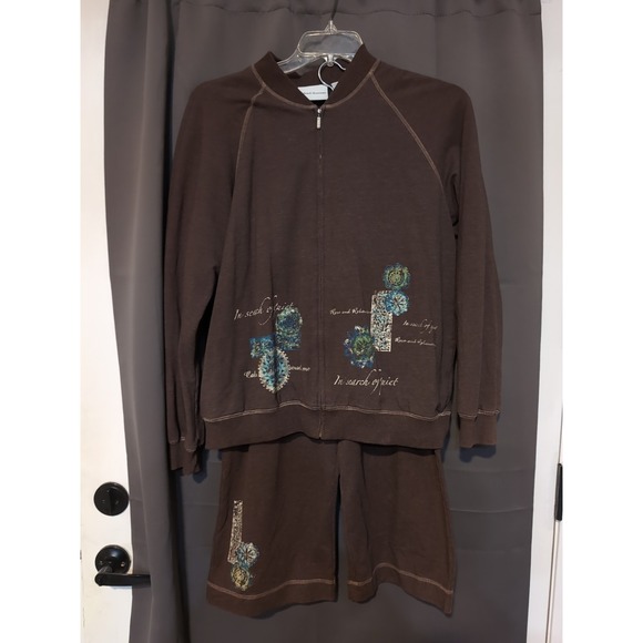 Alfred‎ Dunner Women's Brown Set, Size 16 Floral Sweater & Pants, Quotes Design - Picture 1 of 10